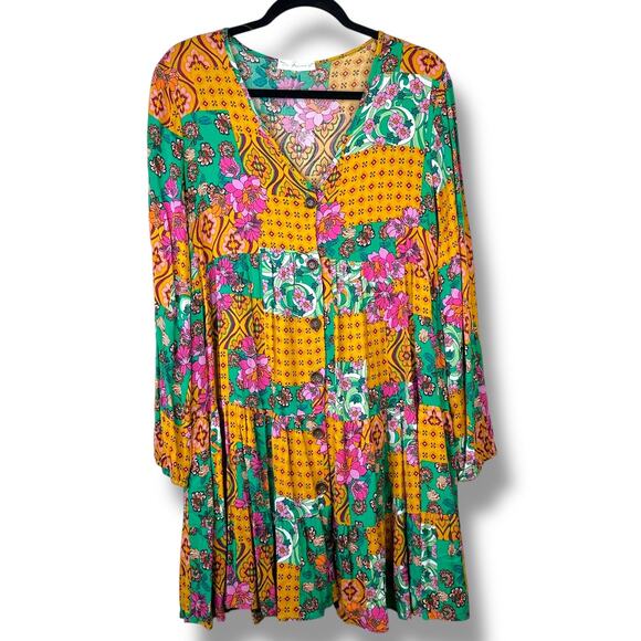 Ces Femme NWOT Boutique Bohemian Button Long Sleeve Tiered Flowy Mini Dress - Picture 1 of 6